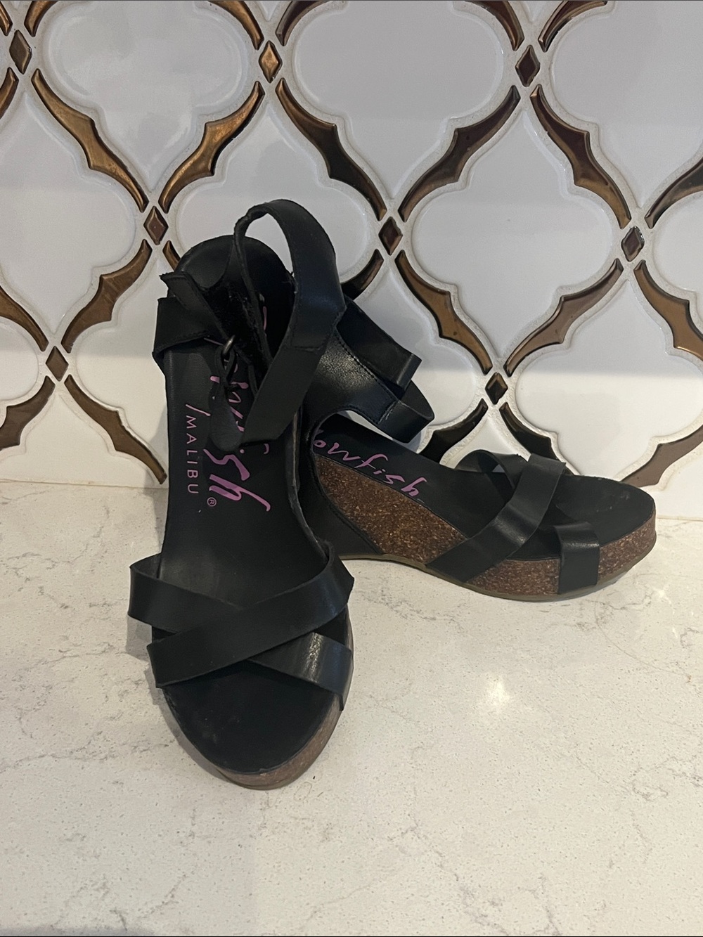 Blowfish Black Strappy Cork Wedge Sandals